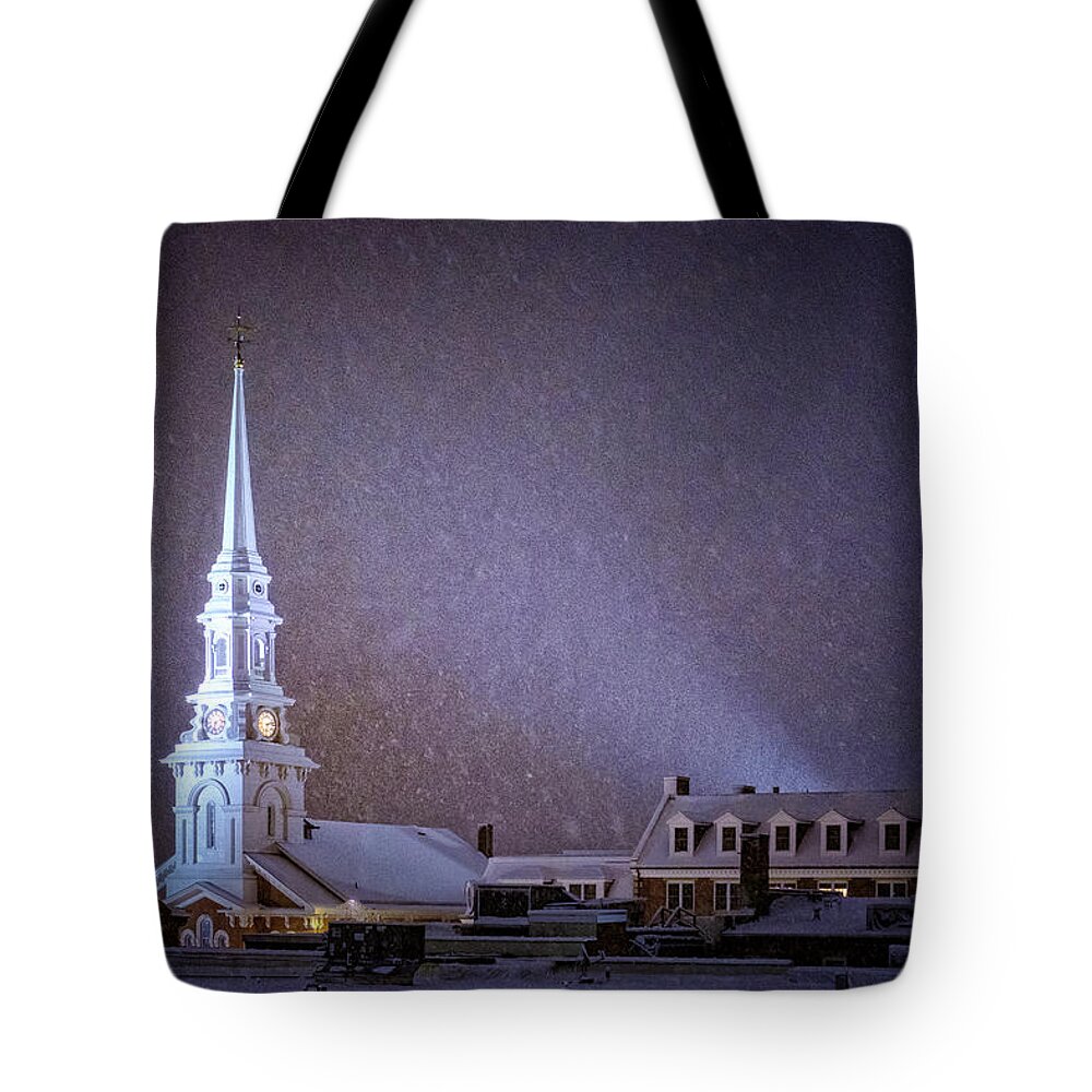 New Hampshire Tote Bag featuring the photograph Snowy Night, North Church. by Jeff Sinon