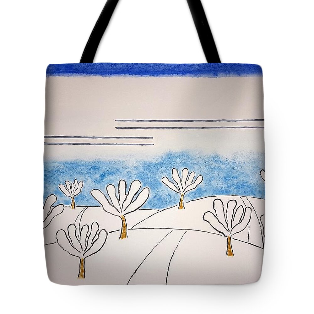 Watercolor Tote Bag featuring the painting Snowy Orchard by John Klobucher