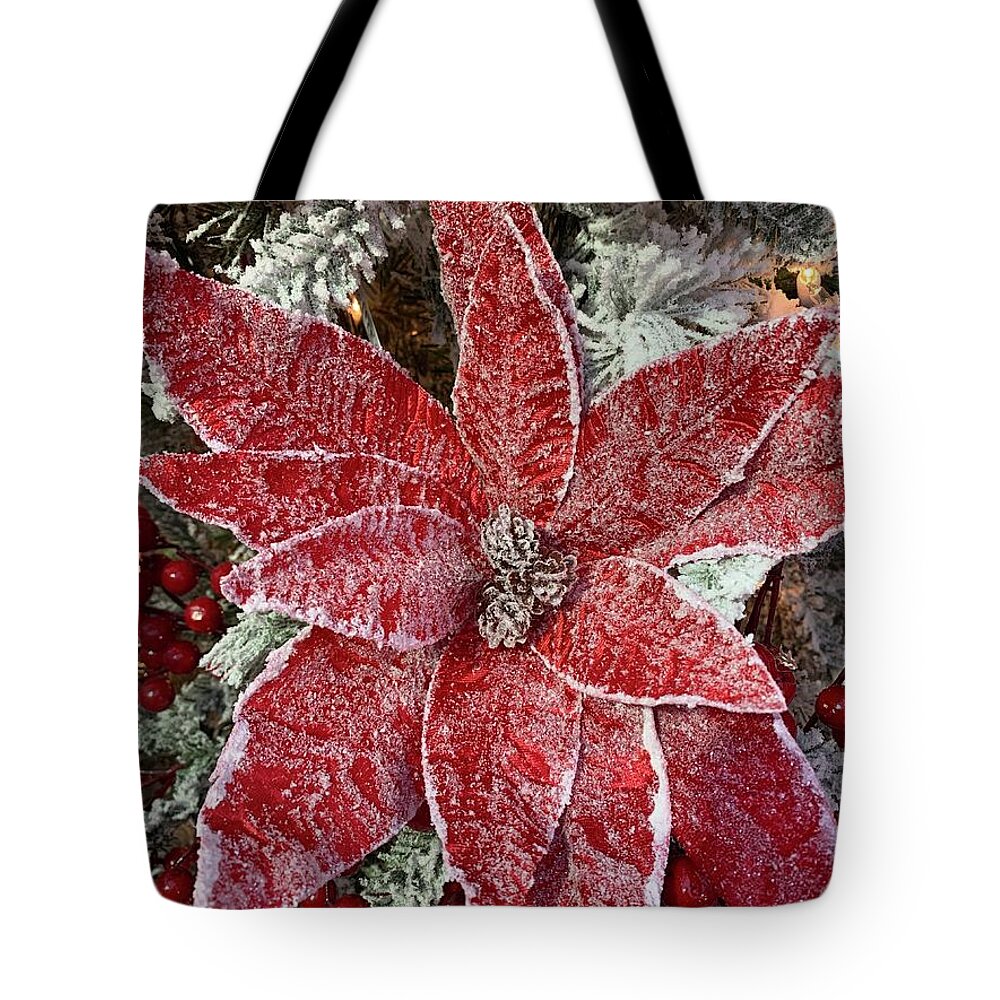 Poinsettia Tote Bag featuring the photograph Snowy Poinsettia by Brenna Woods