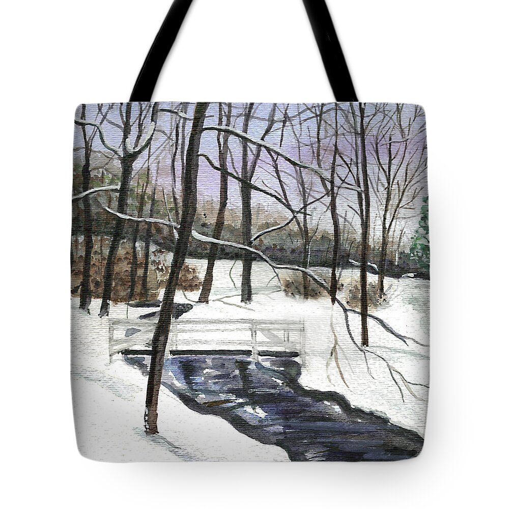 Winter Tote Bag featuring the painting Snowy Shawnee Stream by Clara Sue Beym
