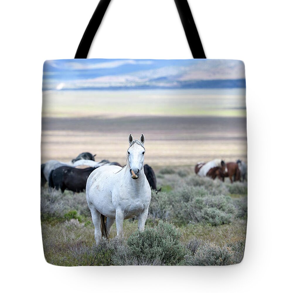 Horse Tote Bag featuring the photograph Snowy the Wild Mare by Fon Denton