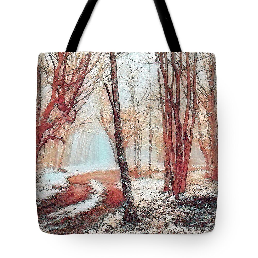 North Carolina Tote Bag featuring the painting Snowy Trees in the Fog fx by Dan Carmichael