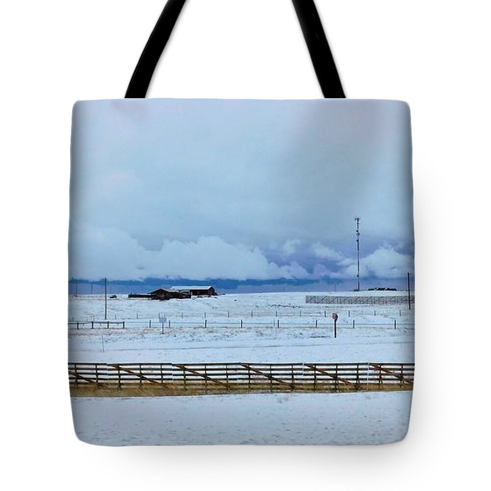 - Snowy Wyoming Ranch Tote Bag featuring the photograph - Snowy Wyoming Ranch by THERESA Nye
