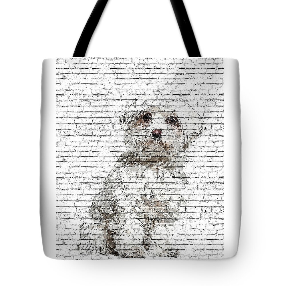 Maltese Tote Bag featuring the painting So adorable and cute, Maltese dog - Brick Block Background by Custom Pet Portrait Art Studio