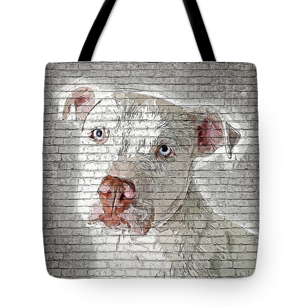White Tote Bag featuring the painting So Cool and Beautiful - White Pit Bull - Brick Block Background by Custom Pet Portrait Art Studio