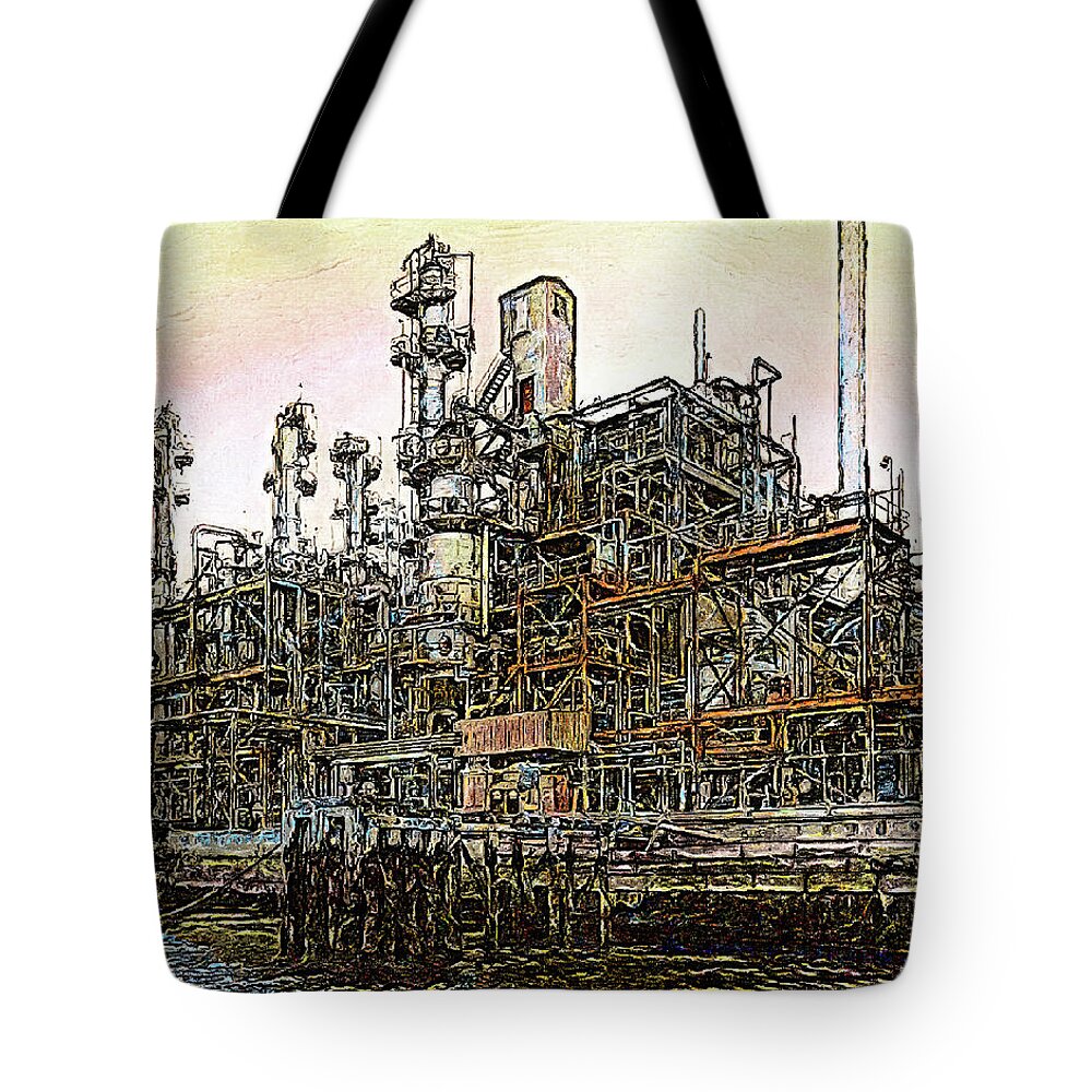 Industrial Tote Bag featuring the digital art Soap factory on the Fore river by Steve Glines