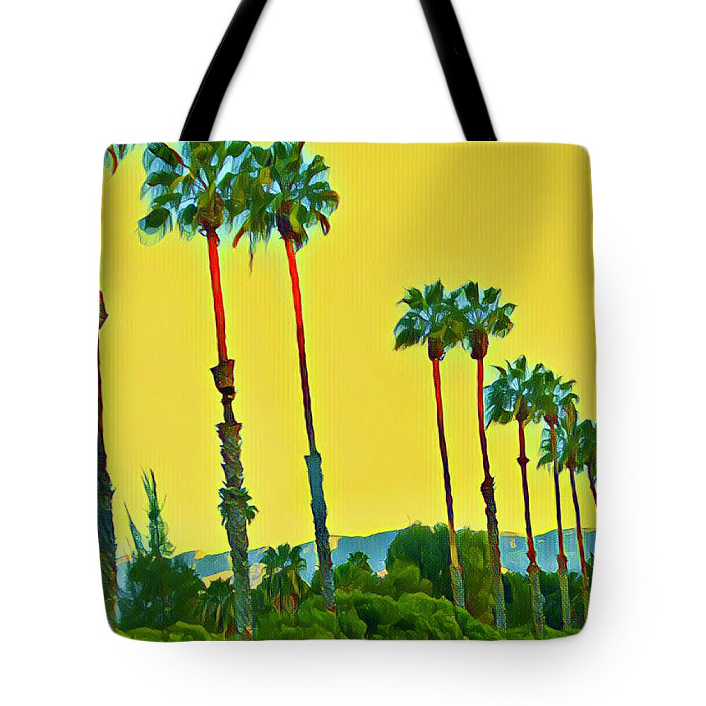  Tote Bag featuring the photograph SoCal Palms Mountains and Golden Sky by Debra Amerson