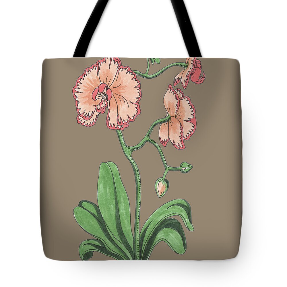 Orchid Tote Bag featuring the painting Soft Orange Orchid Watercolor Flower Botanical Floral On Dusty Beige Brown by Irina Sztukowski