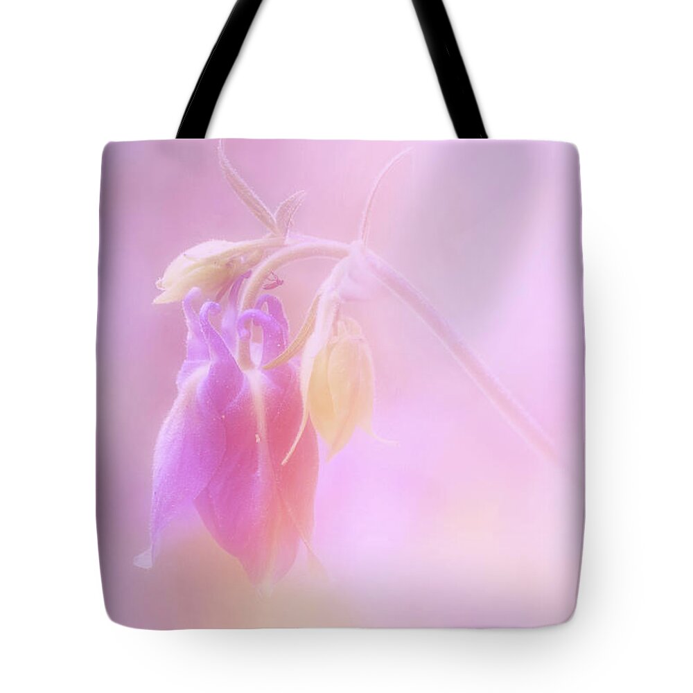 Soft Pink Columbine Bud Tote Bag featuring the photograph Soft Pink Columbine Bud by Anita Pollak