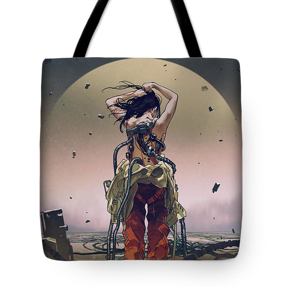 Illustration Tote Bag featuring the painting Solar Charging Cyborg by Tithi Luadthong