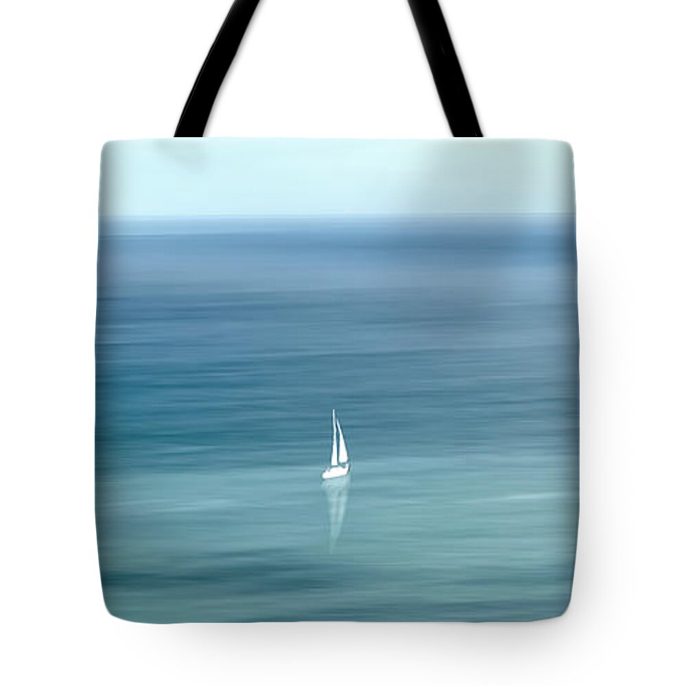 Solitary White Sail Sailing Sea Blue Alone Single One Relaxation Relaxing Magnificent Minimal Minimalism Minimalist Charming Serenity Patterns Patches Calmness Still Delicate Gentle Subtle Harmony Horizon Seascape Panoramic Atmospheric Impressions Impressionistic Free Tranquillity Pastel Watercolor Painterly Soft Restful Boat Beautiful Lonely Loneliness Solitude Delightful Romantic Spiritual Nostalgic Inspirational Lifestyle Thoughtful Endlessness Ocean Sweet Dreamy Timeless Magical Reflections Tote Bag featuring the photograph Solitary - White Sail by Tatiana Bogracheva
