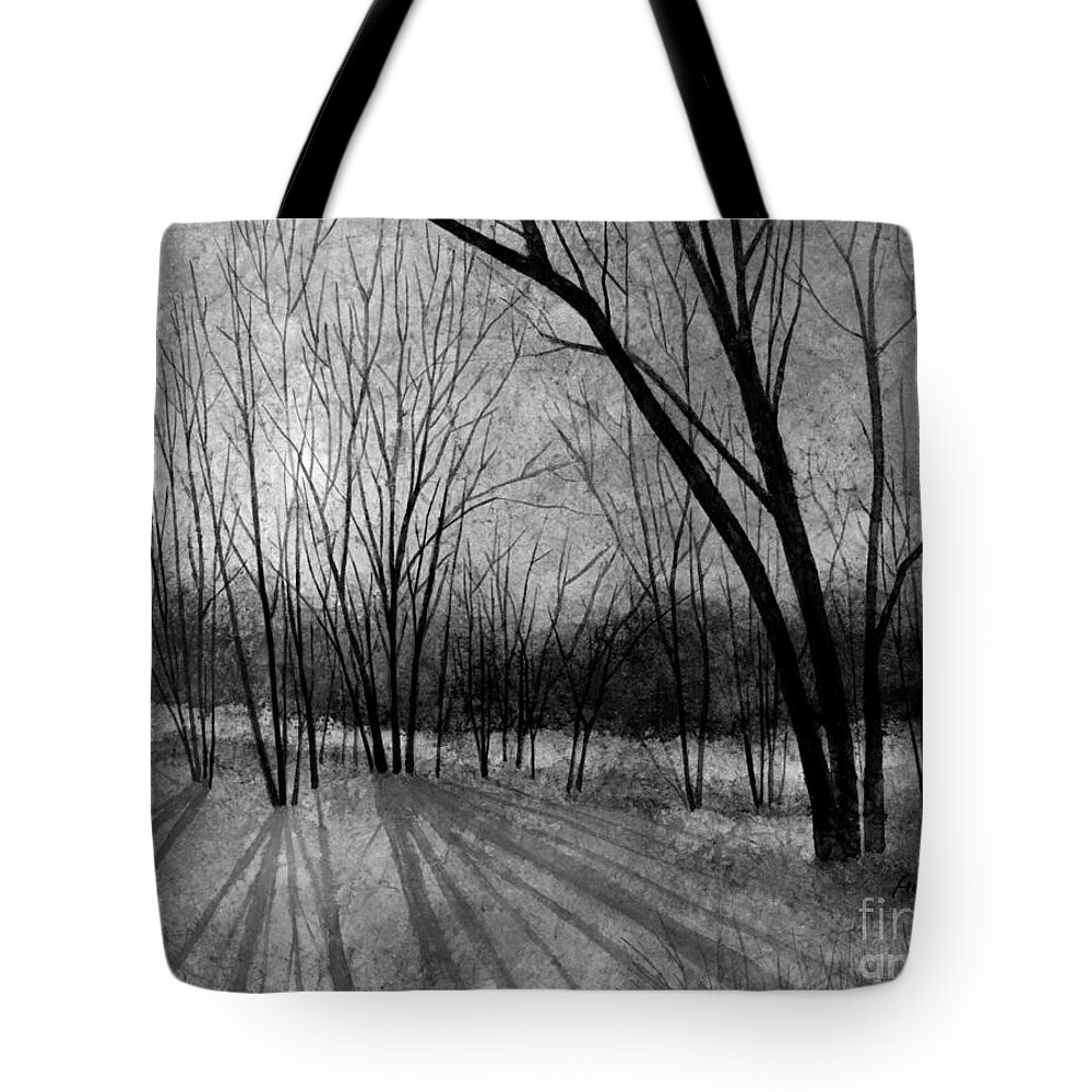 Winter Tote Bag featuring the painting Solstice Shadows in Black and White by Hailey E Herrera