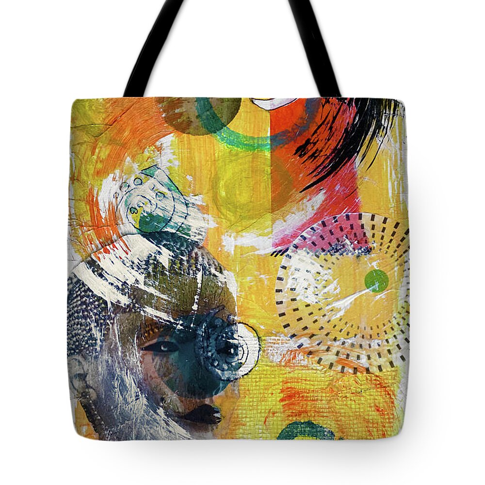 Abstract Tote Bag featuring the mixed media Something About Round Things by Jessica Levant