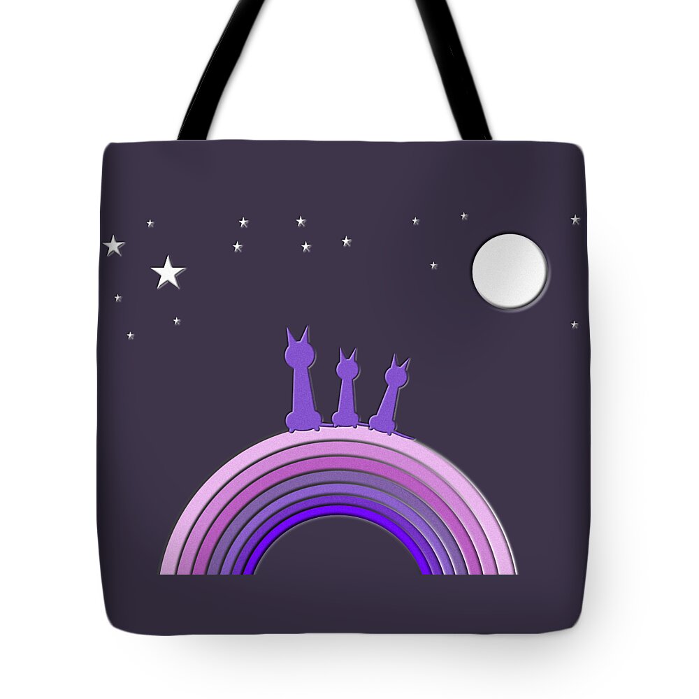 Somewhere Over The Rainbow Tote Bag featuring the digital art Purple Cats Looking Somewhere Over the Rainbow by Barefoot Bodeez Art