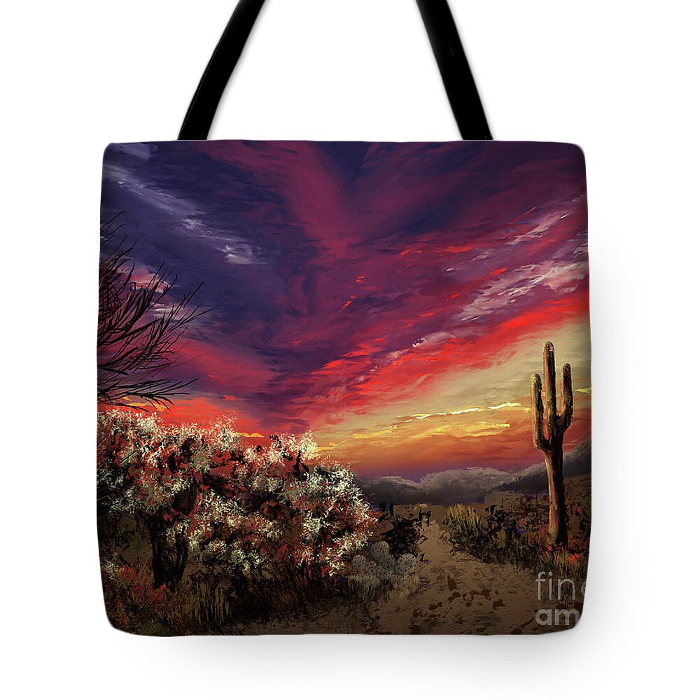 Desert Tote Bag featuring the digital art Sonoran Sunset by Lois Bryan
