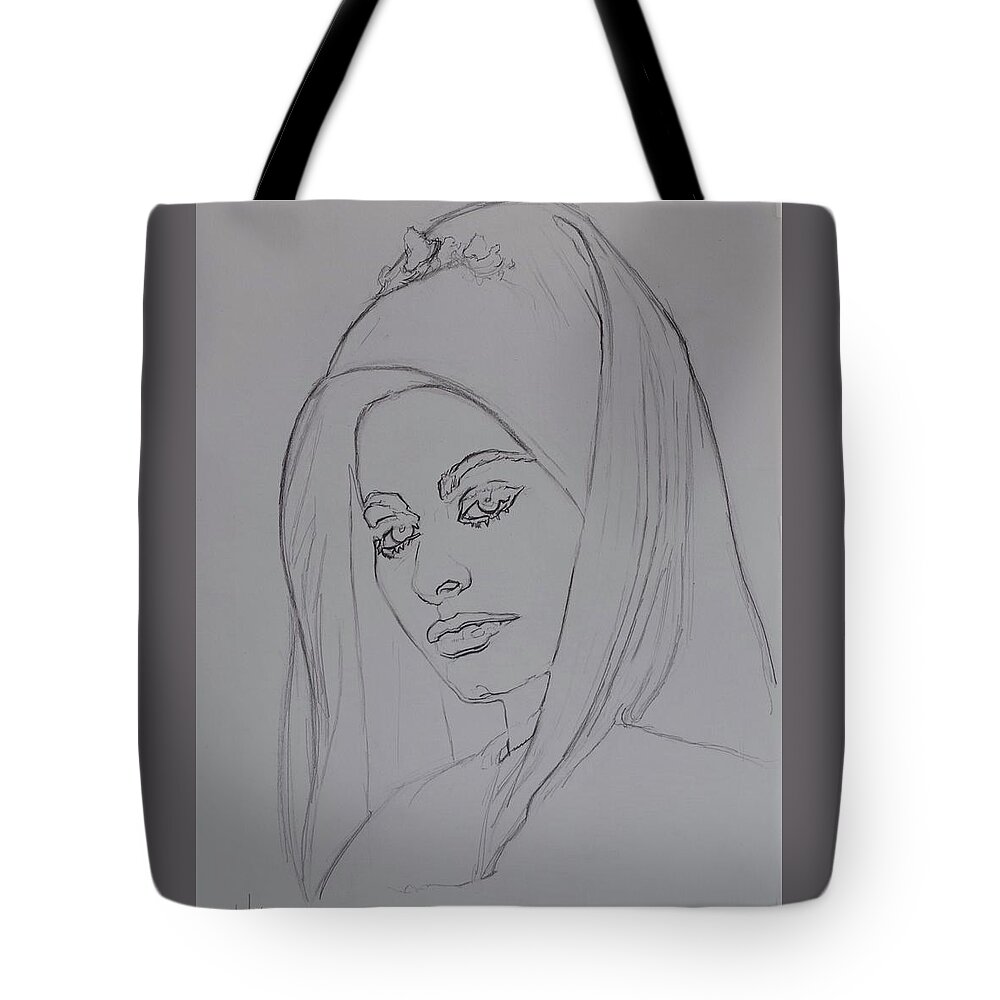 Woman Tote Bag featuring the drawing Sophia Loren In Headdress by Sean Connolly