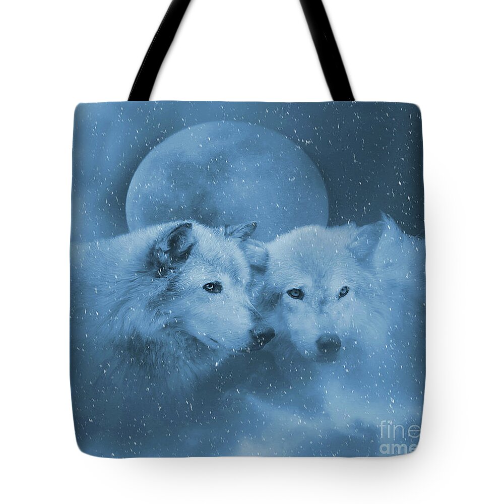 Wolf Tote Bag featuring the photograph Soulmates Two Wolves in the Snow With Moon by Stephanie Laird
