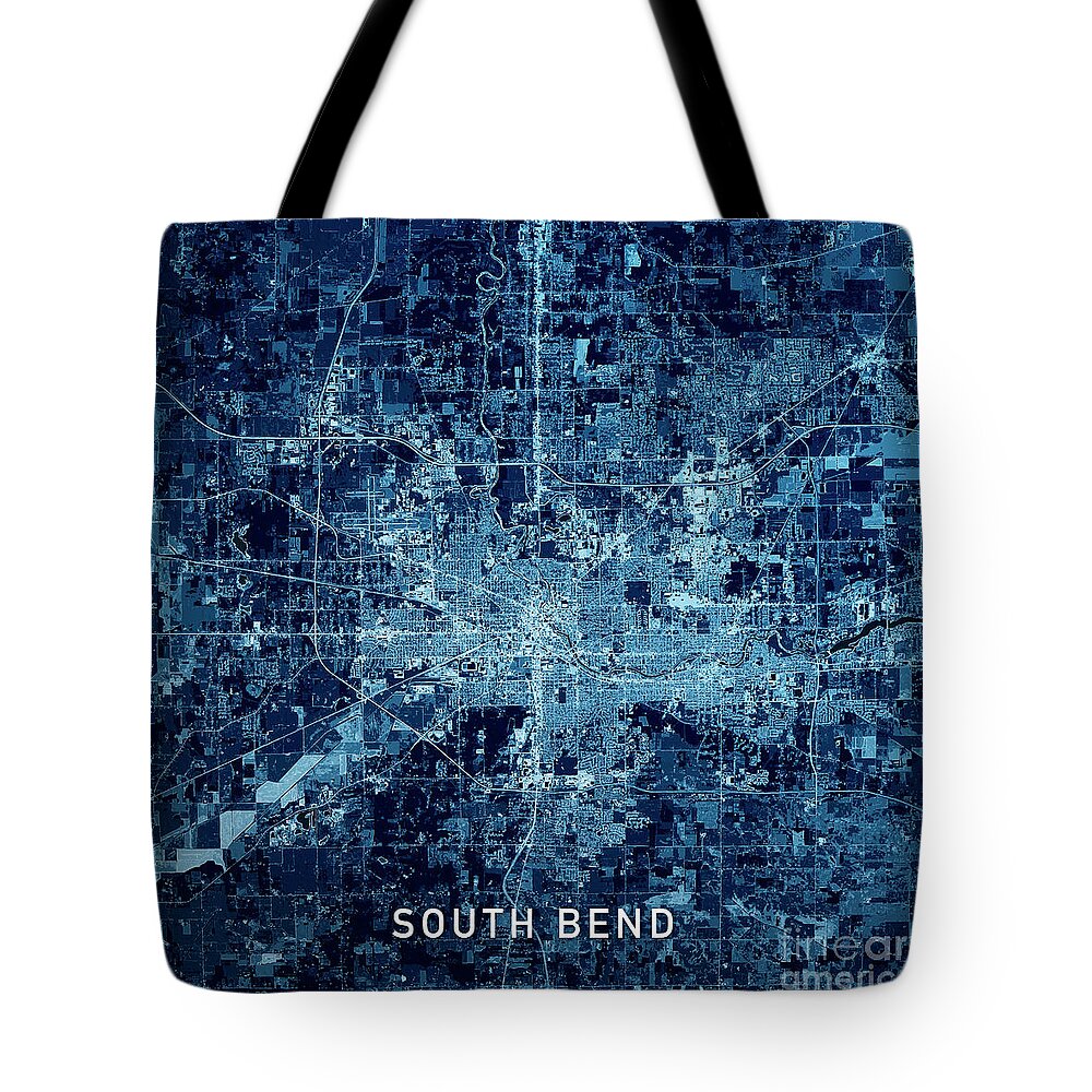 South Bend Tote Bag featuring the digital art South Bend Indiana 3D Render Map Blue Top View Jul 2019 by Frank Ramspott