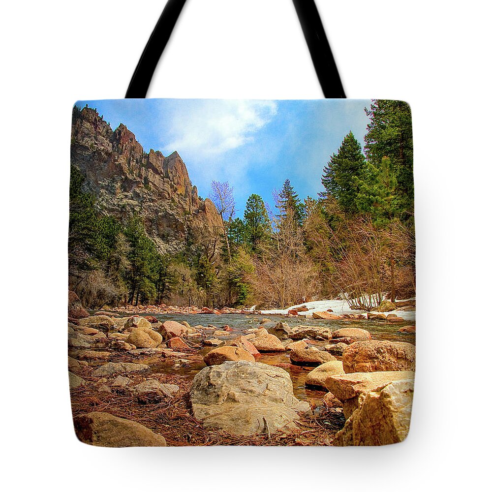 Beautiful Tote Bag featuring the photograph South Boulder Creek, Rocky river bank leads to flowing river in Colorado Rocky Mountain valley by Tom Potter