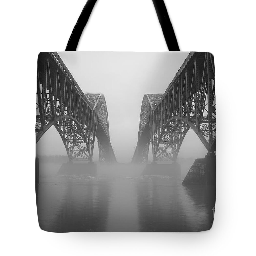 South Grand Island Bridge Tote Bag featuring the photograph South Grand Island Bridge in the Fog by Tony Lee