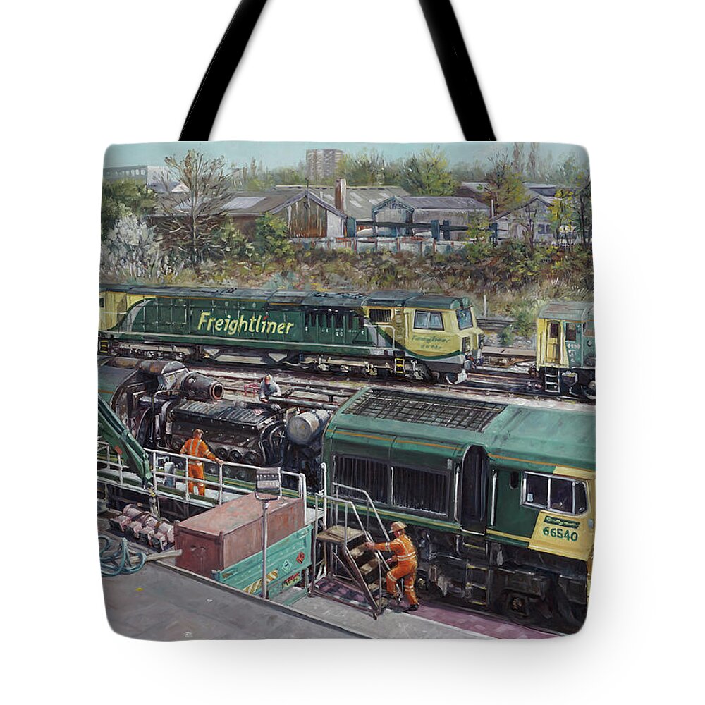 Train Tote Bag featuring the painting Southampton Freightliner Train Maintenance by Martin Davey