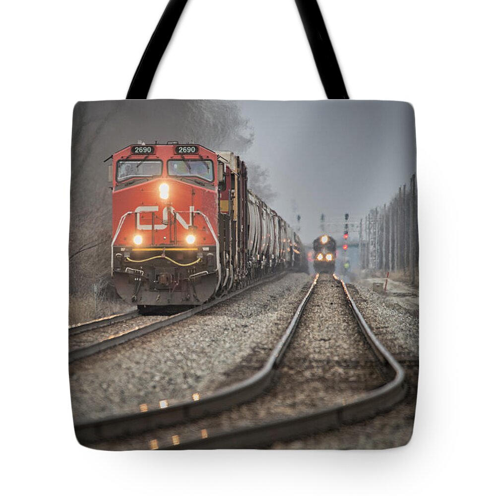 Railroad Tote Bag featuring the photograph Southbound Canadian National A432 passes CN A408 at Effingham Illinois by Jim Pearson