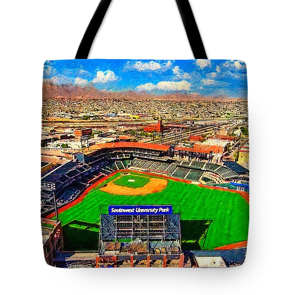 Southwest University Park Tote Bag featuring the digital art Southwest University Park in El Paso, Texas - digital painting by Nicko Prints