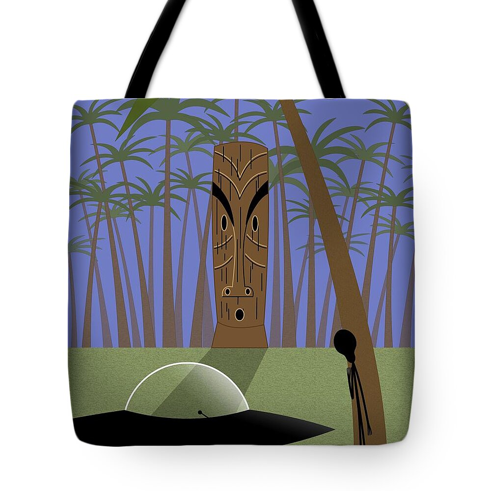 Space Alien Tote Bag featuring the digital art Space Alien Spies Tiki Statue by Donna Mibus