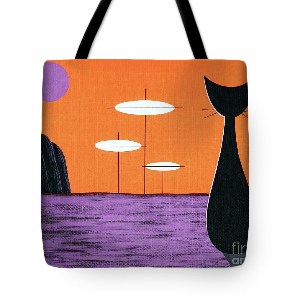 Mid Century Modern Tote Bag featuring the painting Space Cat in Orange and Purple by Donna Mibus