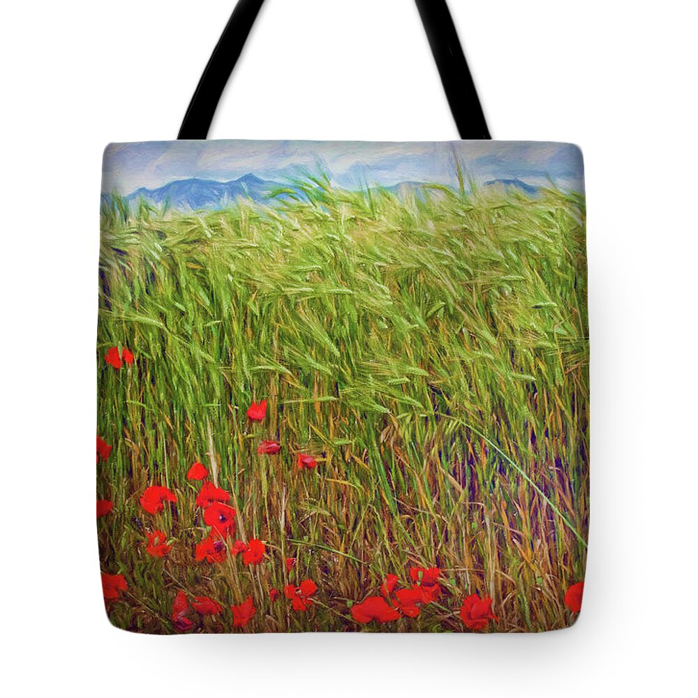Red Poppies Tote Bag featuring the mixed media Spanish Red Poppies by Tatiana Travelways
