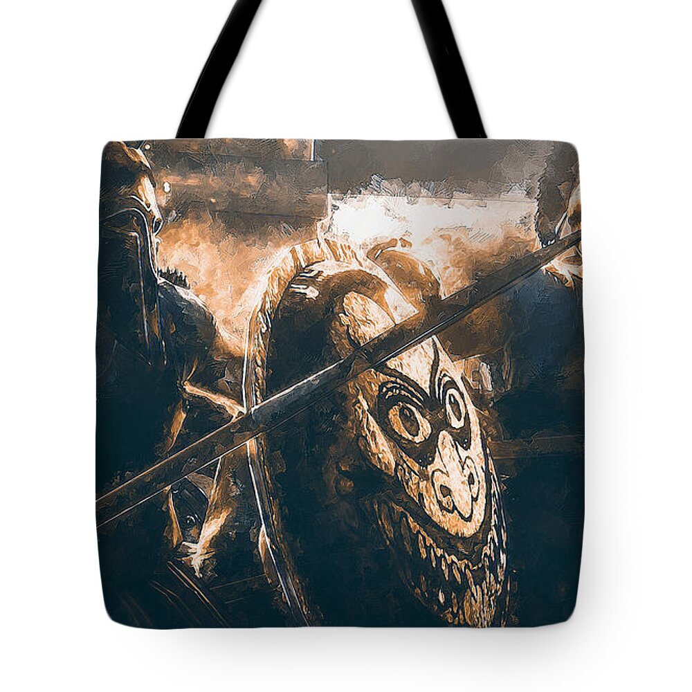 Spartan Warrior Tote Bag featuring the painting Spartans at War, 01 by AM FineArtPrints