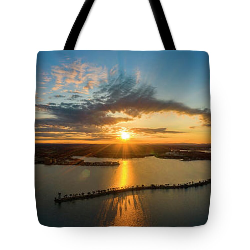 Horseshoe Bay Texas Tote Bag featuring the photograph Spectacular aerial panorama sunset view of the Horseshoe Bay Lighthouse peninsula over Lake LBJ by Dan Herron