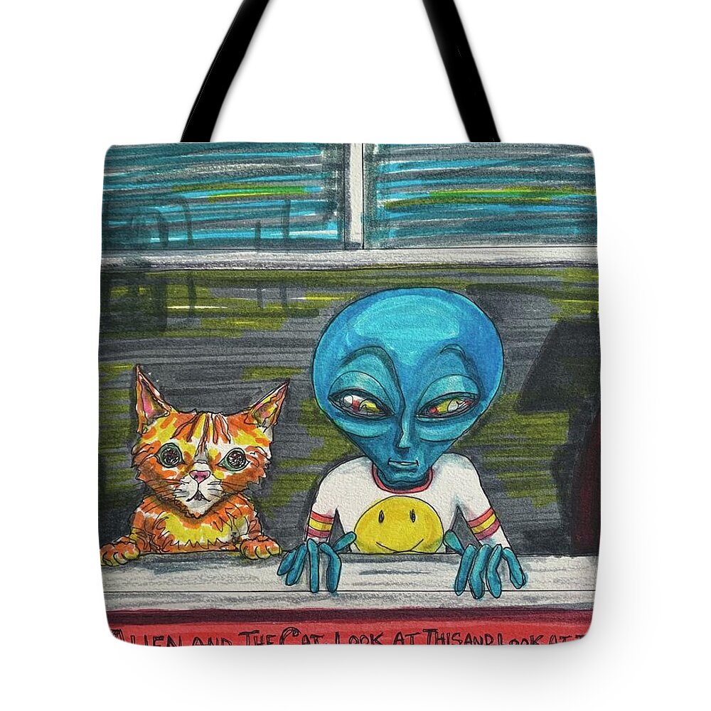 Cat Tote Bag featuring the drawing Spectators by Similar Alien