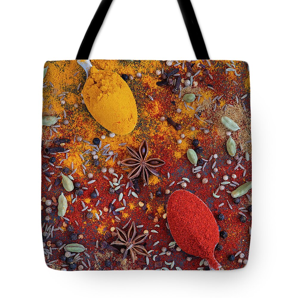 Indian Tote Bag featuring the photograph Spices and Spoons Pattern by Tim Gainey