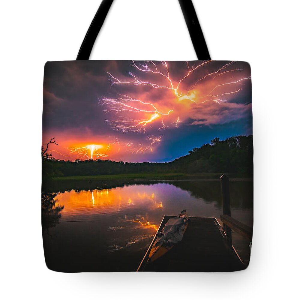 Spider Lightning Tote Bag featuring the photograph Spider Lightning Reflected on Little Hunting Creek at Night by Jeff at JSJ Photography