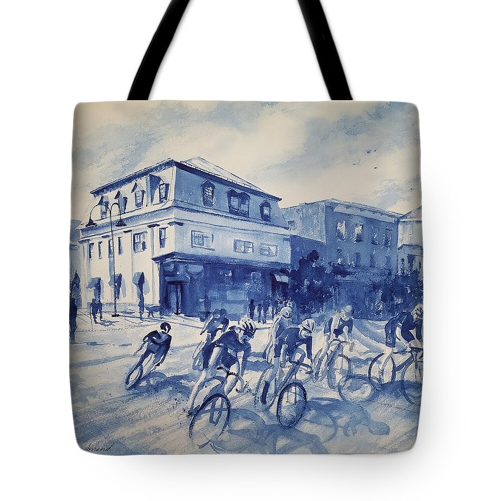 Green Mountain Stage Race Tote Bag featuring the painting Spinning Wheels by Amanda Amend