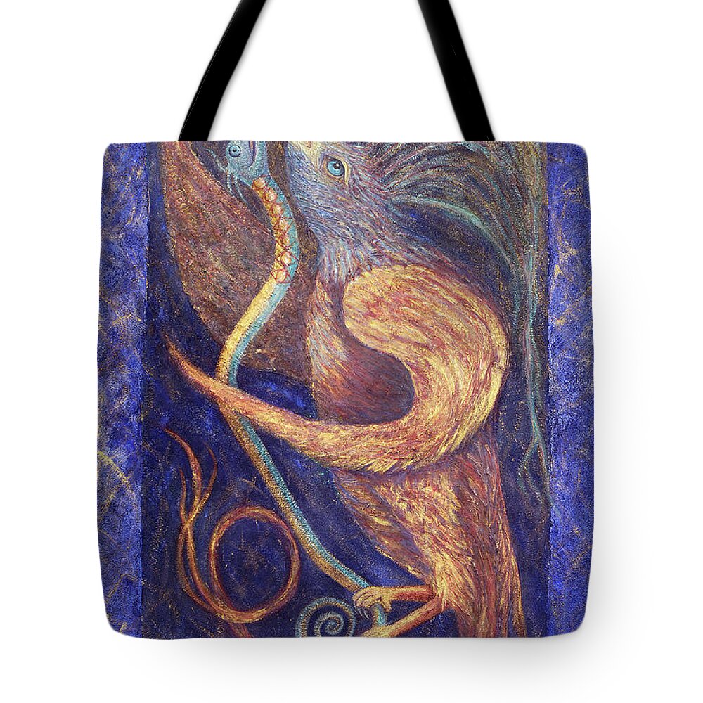 Spirit Bird Tote Bag featuring the painting Spirit Bird and Snake Singing to the Stars by Irene Vincent