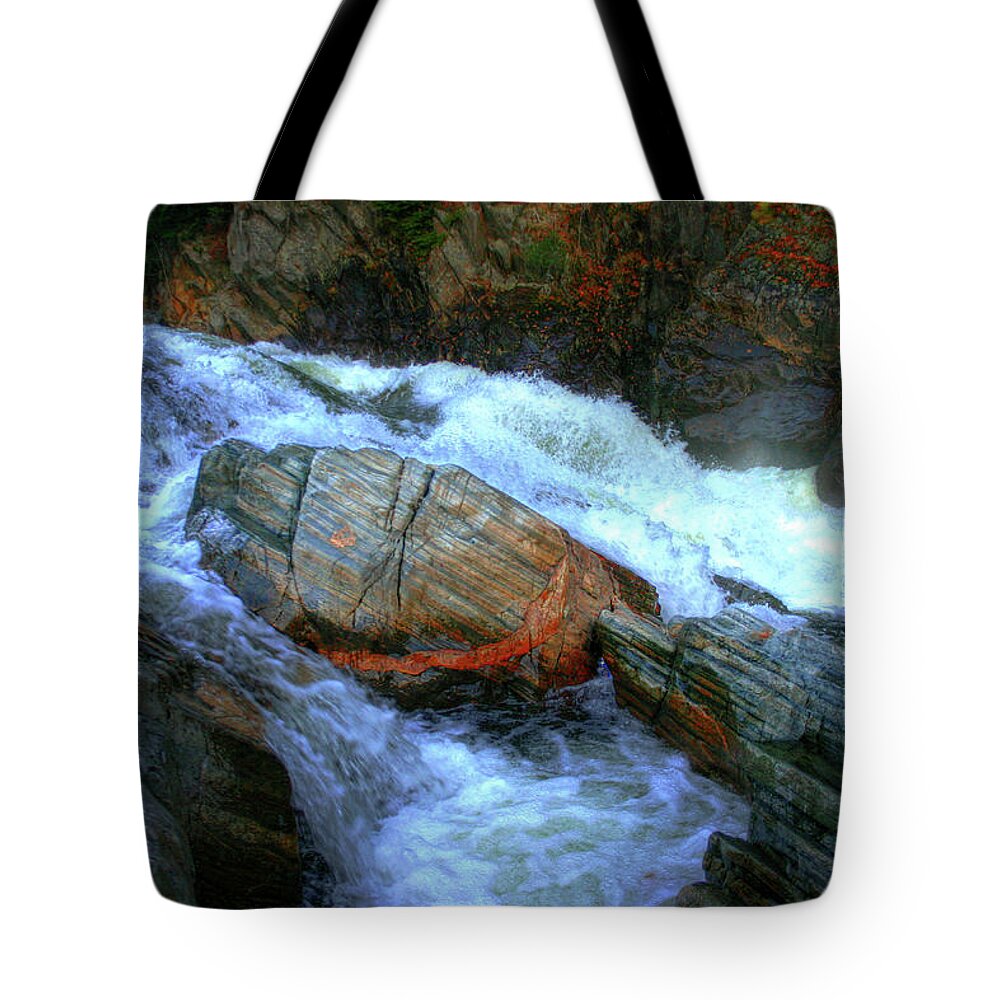 Boulder Tote Bag featuring the photograph Spirit Boulder at Livermore Falls by Wayne King