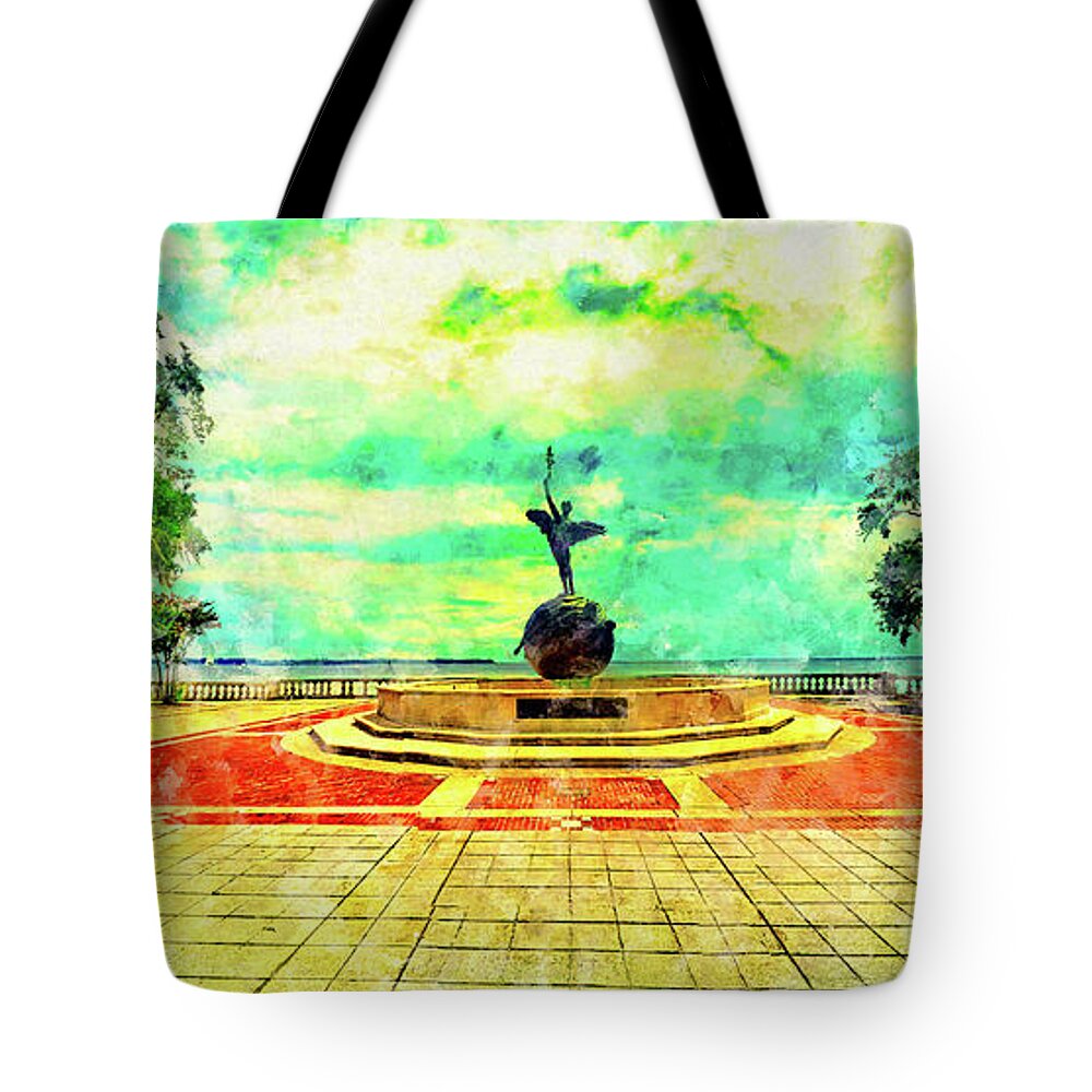 Spiritualized Life Sculpture Tote Bag featuring the digital art Spiritualized Life sculpture in Memorial Park, Jacksonville - watercolor ink by Nicko Prints