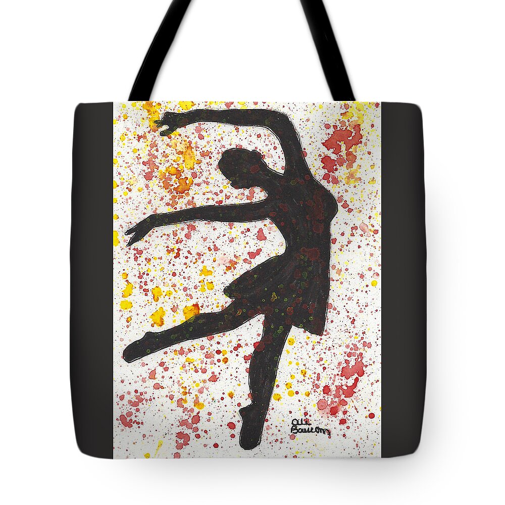 Silhouette Tote Bag featuring the painting Splash Dance Black Silhouette of a Dancer against Splashes of Yellows and Reds by Ali Baucom