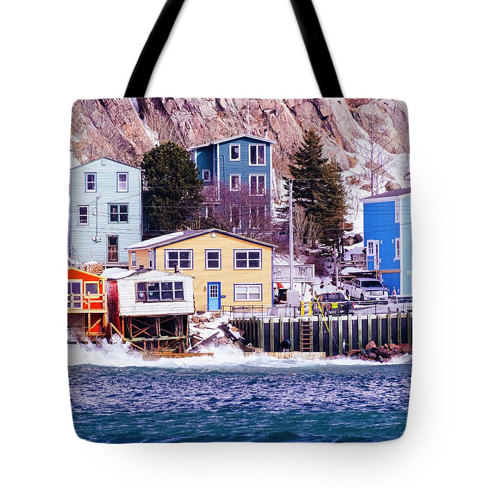 The Battery Tote Bag featuring the photograph Splash On Red, The Battery, St John's by Laura Tucker