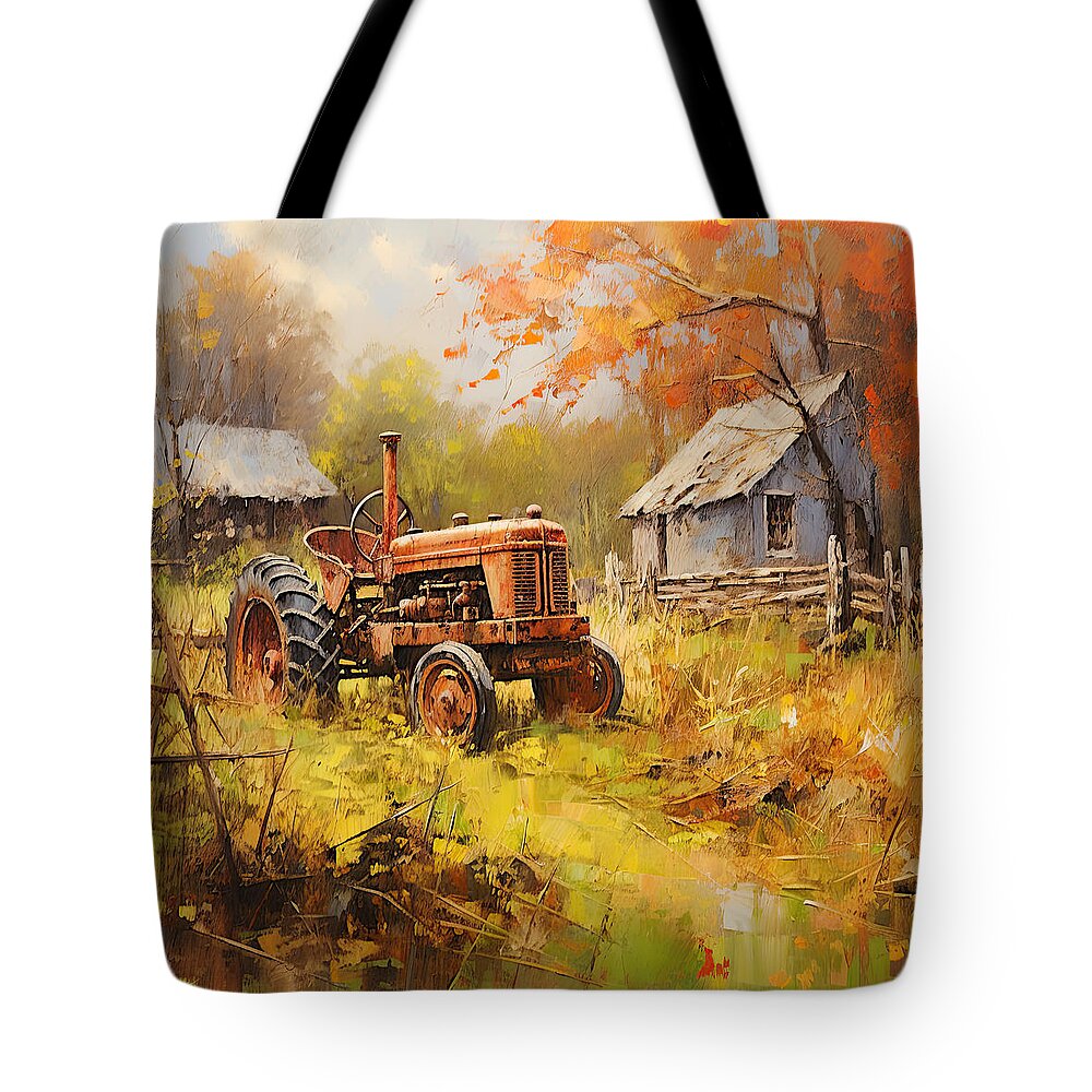 Red Tractor Tote Bag featuring the painting Splendor of the Past - Red Tractor Art by Lourry Legarde