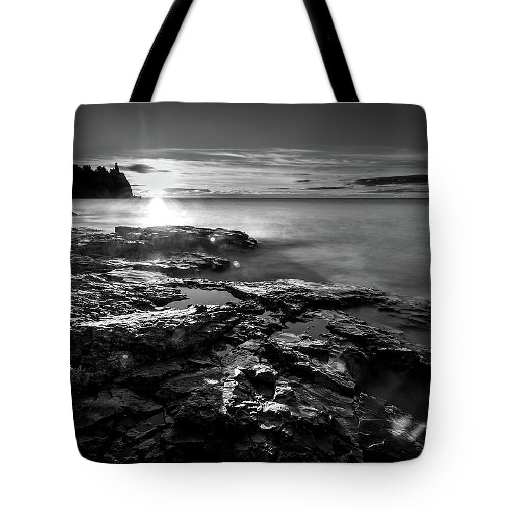Split Rock Lighthouse Tote Bag featuring the photograph Split Rock Lighthouse Black and White by Sebastian Musial