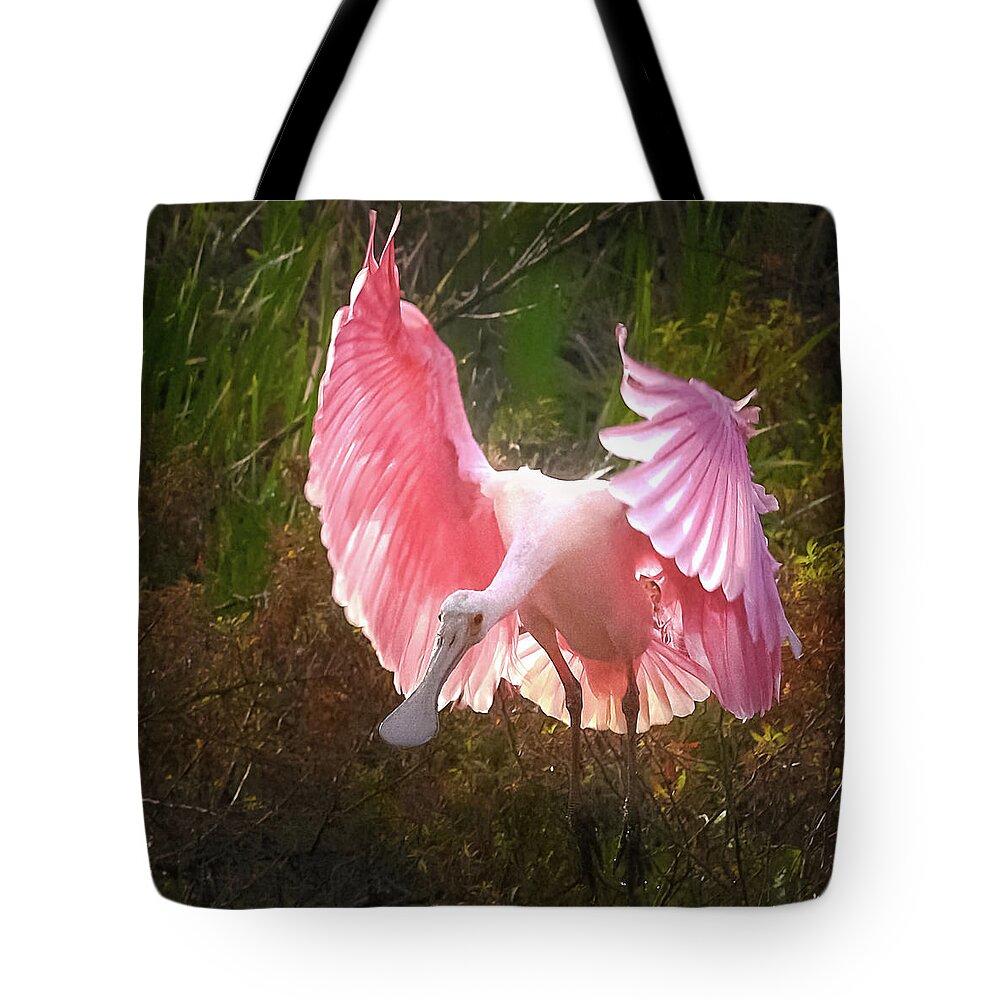 Spoonbill Landing Tote Bag featuring the photograph Spoonbill In Flight by Rebecca Herranen