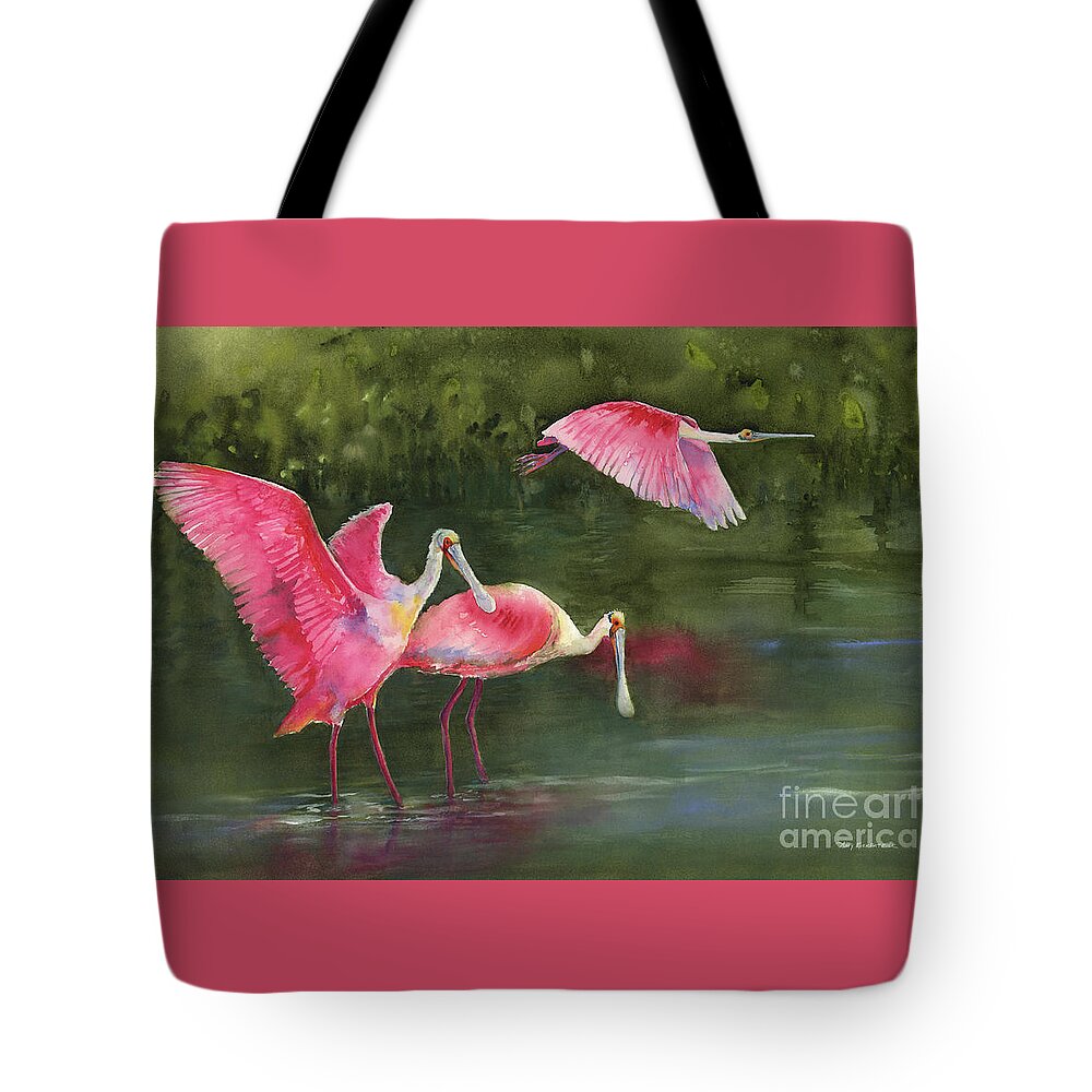 Watercolor Spoonbills Tote Bag featuring the painting Spoonbills by Amy Kirkpatrick