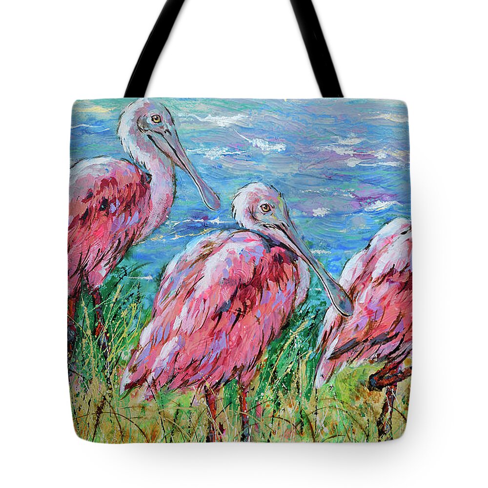 Spoonbills Tote Bag featuring the painting Spoonbills at the Lake by Jyotika Shroff