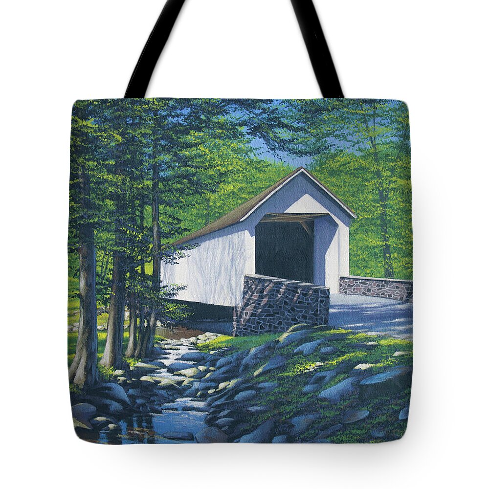 Landscape Tote Bag featuring the painting Spring at Loux Bridge by Timothy Stanford