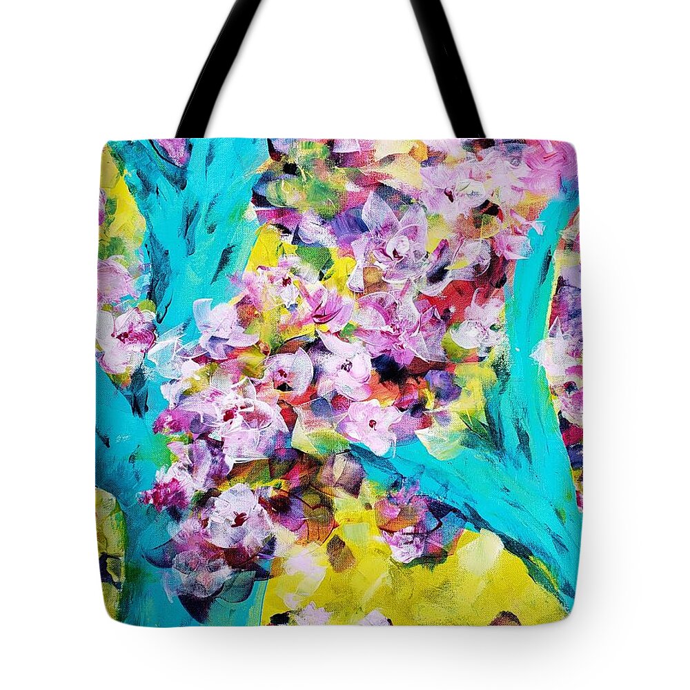 Whimsical Abstract Tote Bag featuring the painting Spring Blossoms by Lisa Debaets