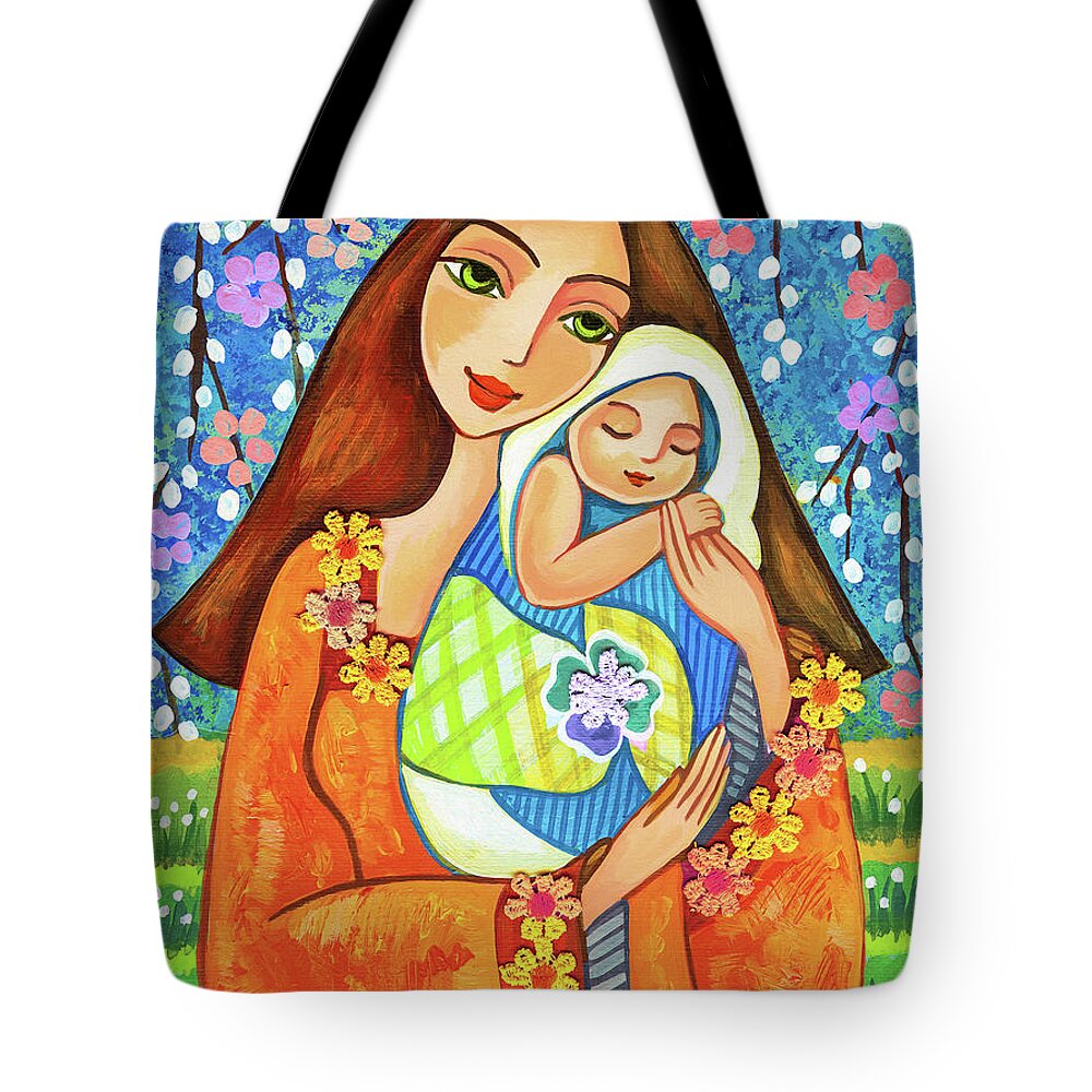 Mother And Child Tote Bag featuring the painting Spring Mother by Eva Campbell