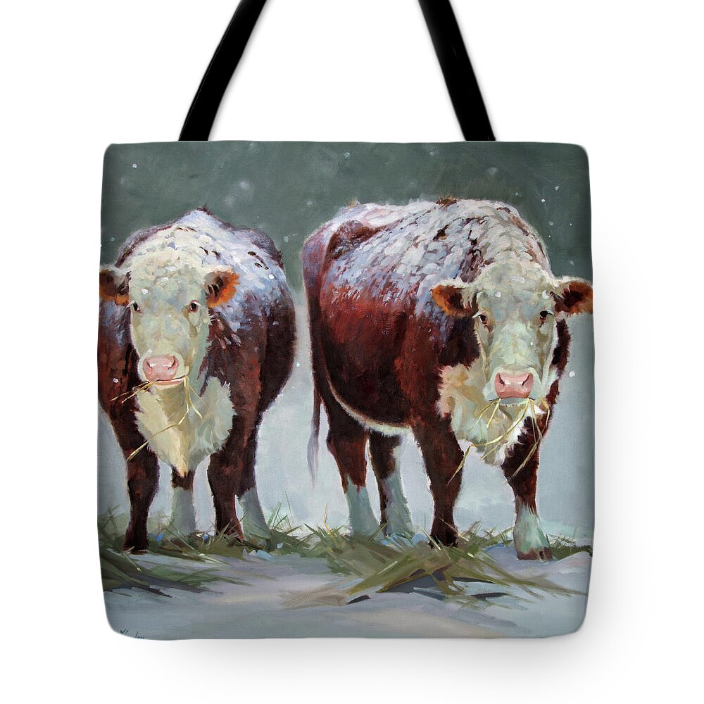 Ranch Animals Tote Bag featuring the painting Spring Snow by Carolyne Hawley